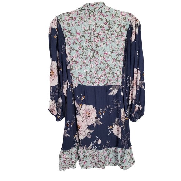 Umgee Size L Dress Blue CottageCore Floral Crinkle V-neck Ribbon Tie Puff Sleeve - Picture 3 of 9